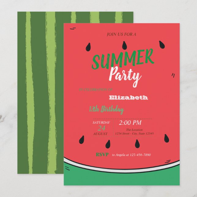 Invitation Pastèque, Fête d'été (Devant / Derrière)