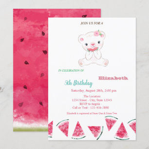 Invitation Pastèque, ours en peluche mignon fête d'été annive