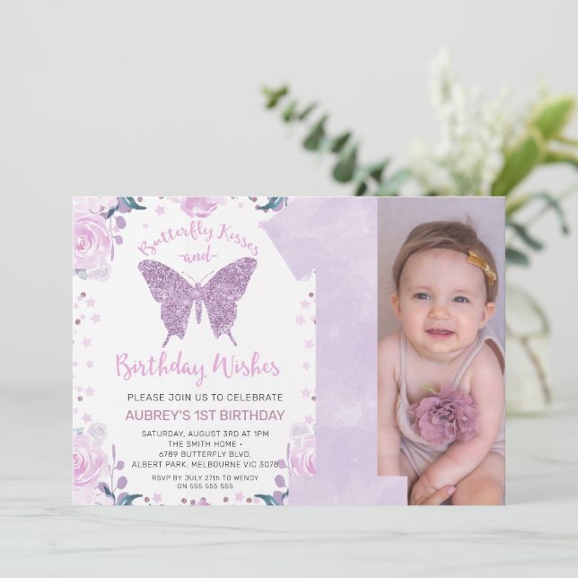 Invitation Pastle Purple Parties scintillant Photo Papillon 1 (Debout devant)