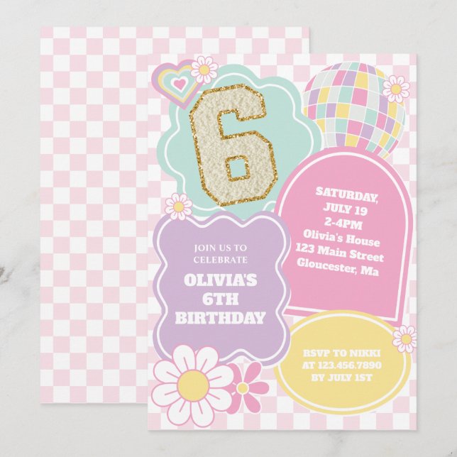 Invitation Patch pastel préppy Varsity Anniversaire (Devant / Derrière)