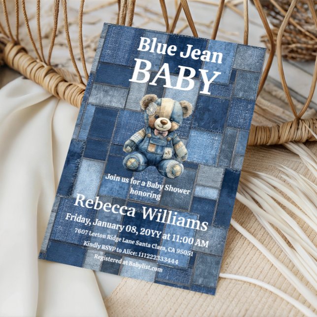 Invitation Patchwork Denim Bear Boy Blue Jean Baby Shower (Créateur téléchargé)
