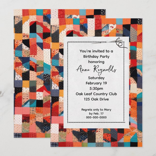 Invitation Patchwork Quilt Motif Avec Aiguille Anniversaire F (Devant / Derrière)