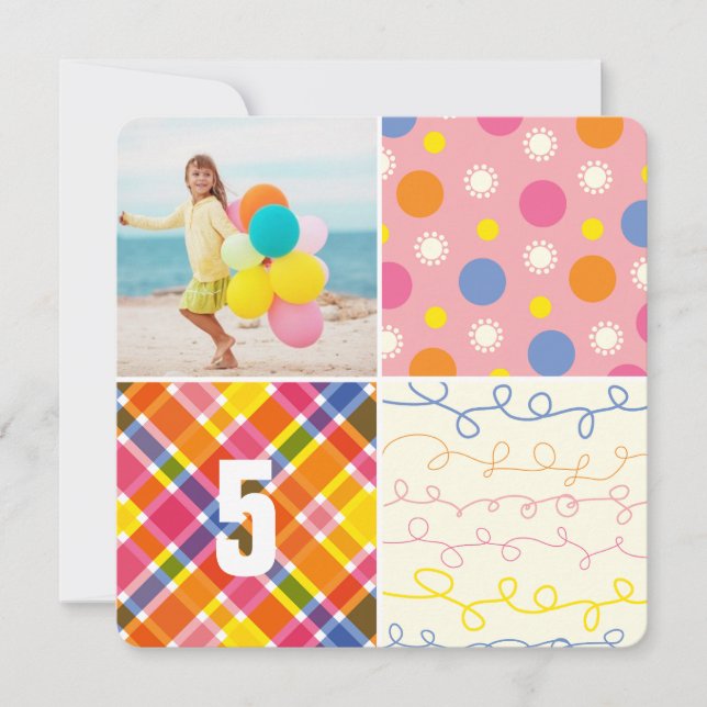 Invitation Patchwork rose Motif Carrés Fille Photo Anniversai (Devant)