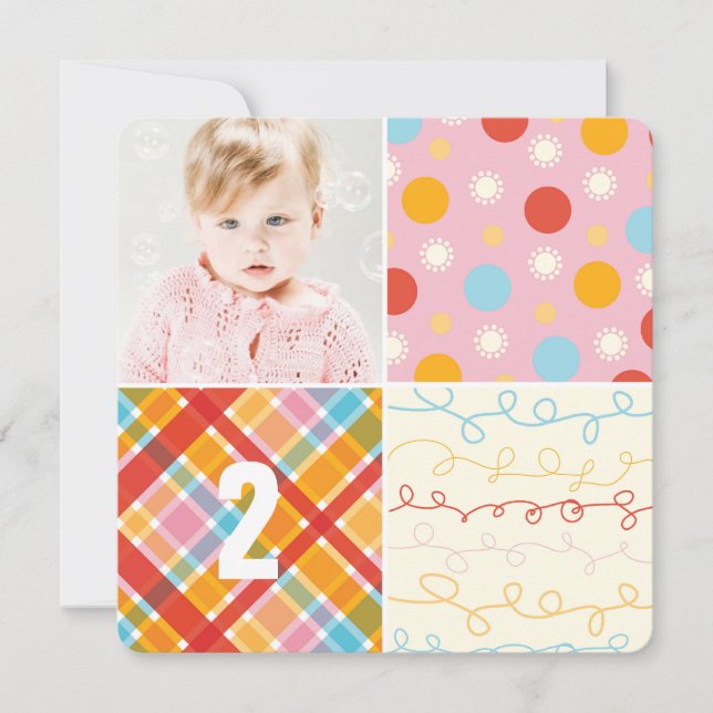 Invitation Patchwork rose Motif Carrés Fille Photo Anniversai (Devant)
