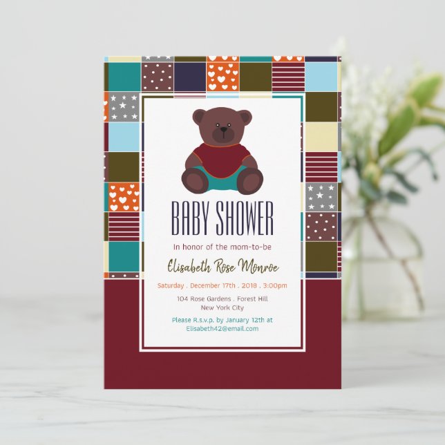 Invitation Patchwork Teddy Bear, Baby shower (Debout devant)