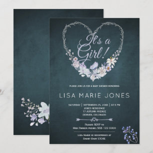 Invitation Patel fleurit coeur couronne bleu marine baby show