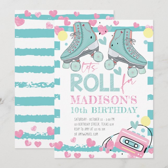 Invitation Patinage à rouleaux Pastel Blue Rose Girl Annivers (Devant / Derrière)