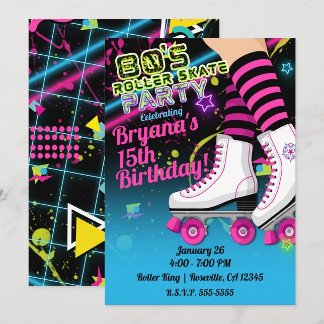 Invitation Patinage à roulettes des années 80 Anniversaire fê (Devant / Derrière)