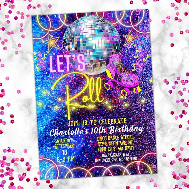 Invitation Patinage à roulettes Disco Neon Rose Glow (Créateur téléchargé)