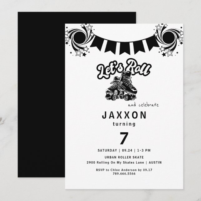 Invitation Patinage à roulettes noir garçon fête d'anniversai (Devant / Derrière)