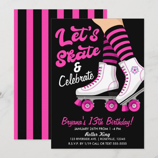 Invitation Patinage à roulettes rose et noir Patinage Anniver (Devant / Derrière)