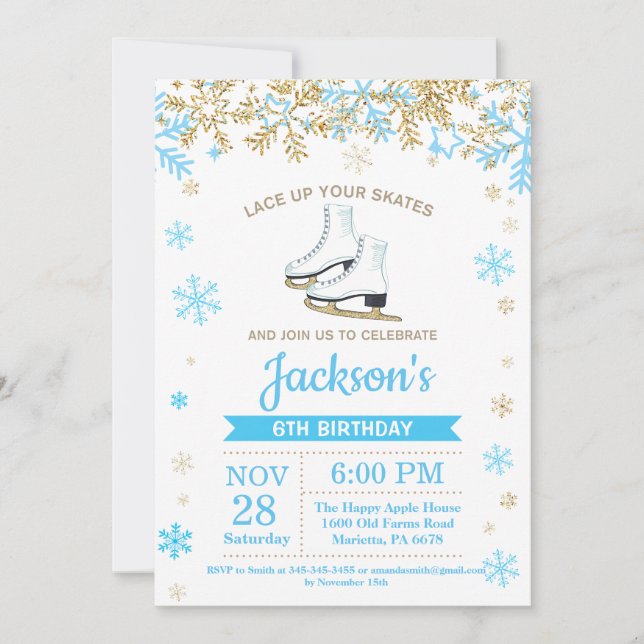 Invitation Patinage sur glace Anniversaire Fête Patinage Bleu (Devant)