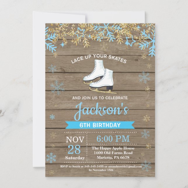 Invitation Patinage sur glace Anniversaire Fête Patinage Bleu (Devant)