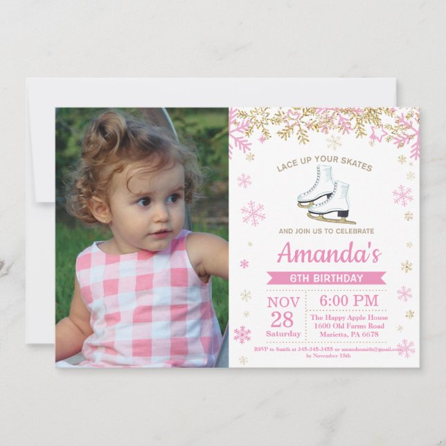Invitation Patinage sur glace Anniversaire Fête Patinage rose (Devant)