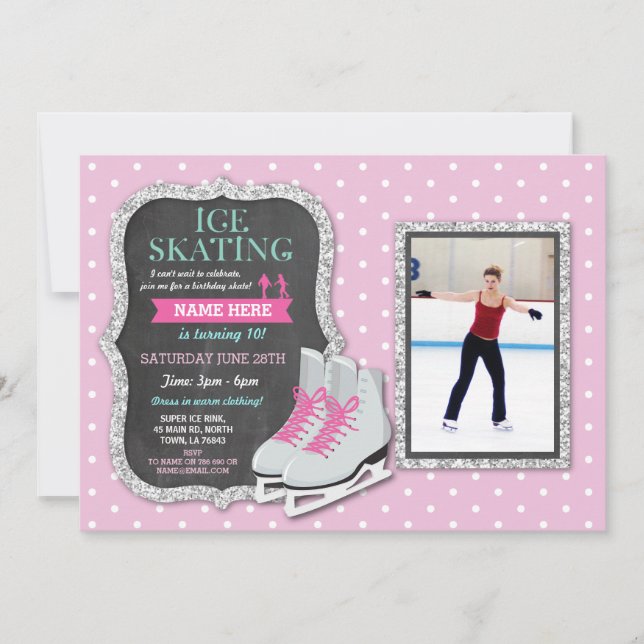 Invitation Patinage sur glace Anniversaire Fête Patinage rose (Devant)