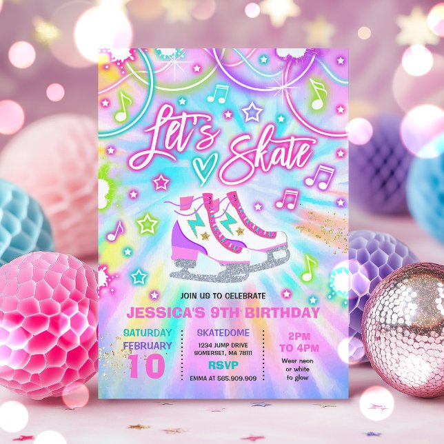 Invitation Patinage sur glace Anniversaire Fête Tie Dye Patin (Créateur téléchargé)