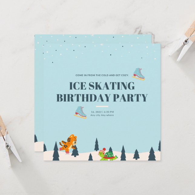 Invitation Patinage sur glace blanc Anniversaire Fête de neig (Devant/Arrière en situation)