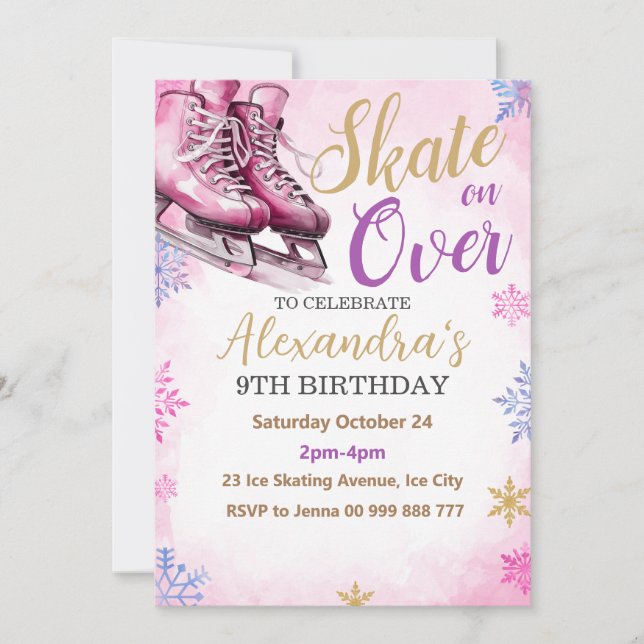 Invitation Patinage sur glace Fête rose Anniversaire Fête d'h (Devant)