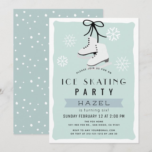 Invitation Patinage sur glace Hiver Bleu Rétro Anniversaire (Devant / Derrière)