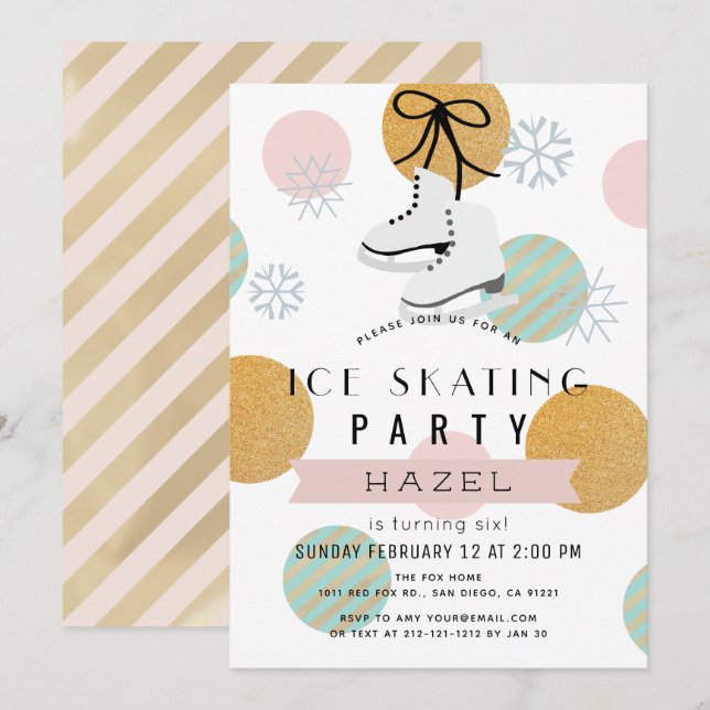 Invitation Patinage sur glace Hiver Rose Gold Girl Anniversai (Devant / Derrière)