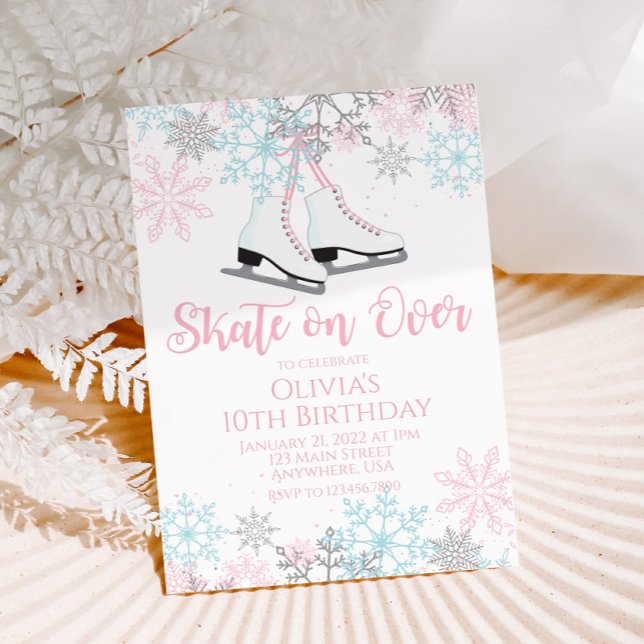 Invitation Patinage sur glace Pink bleu argent Snowflakes Ann (Créateur téléchargé)