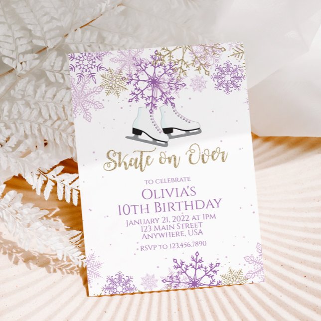 Invitation Patinage sur glace Pneus violets et flocons d'or A (Créateur téléchargé)
