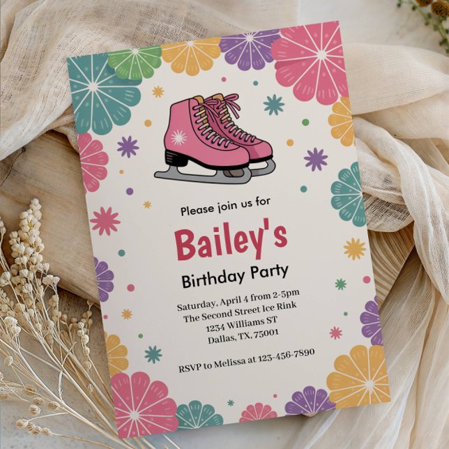 Invitation Patinage sur glace rose Floral Rétro Anniversaire (Créateur téléchargé)