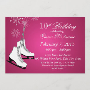 Invitation Patins à glace et flocons de neige rose Anniversai
