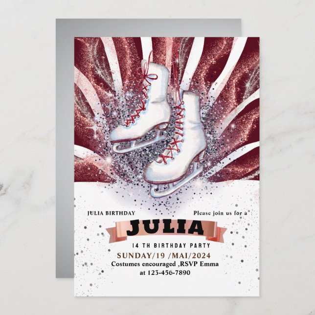 Invitation patins à glace patinage argent brillant brun rouge (Devant / Derrière)