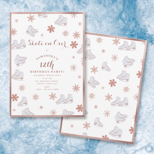Invitation Patins à glace rose Gold Patins à roulettes Patina (Rose Gold Ice Skates Blush Pink Skating Birthday Invitation)