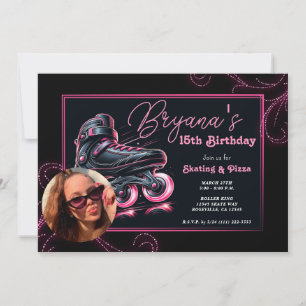 Invitation Patins à Roulettes Noir & Rose Glow Sparkle Annive