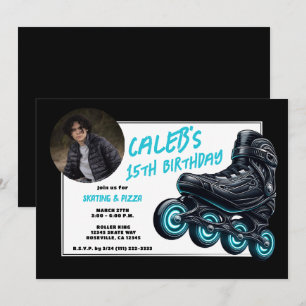 Invitation Patins à roulettes noirs avec roues bleues lumineu