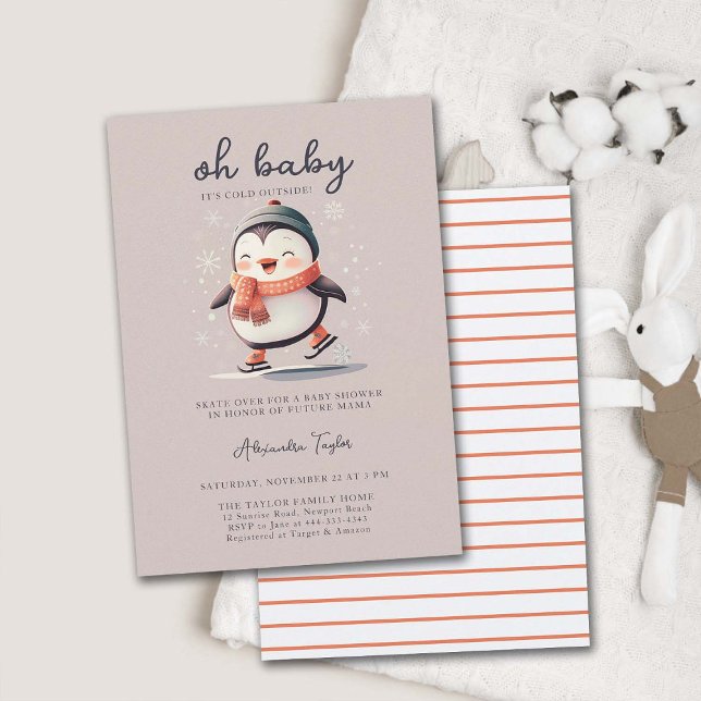 Invitation Patins de pingouin doux à l'extérieur froid Baby s (baby cold outside girl shower invitation winter sports skating cute adorable watercolor sweet snow)