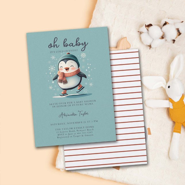 Invitation Patins de pingouin doux froid à l'extérieur Baby s (gender neutral winter baby shower invitation cute penguin skating sports adorable watercolor sweet)