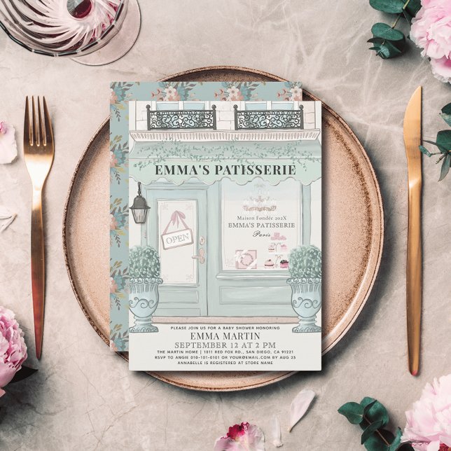 Invitation pâtisserie pâtisserie Paris Baby shower vert (Créateur téléchargé)