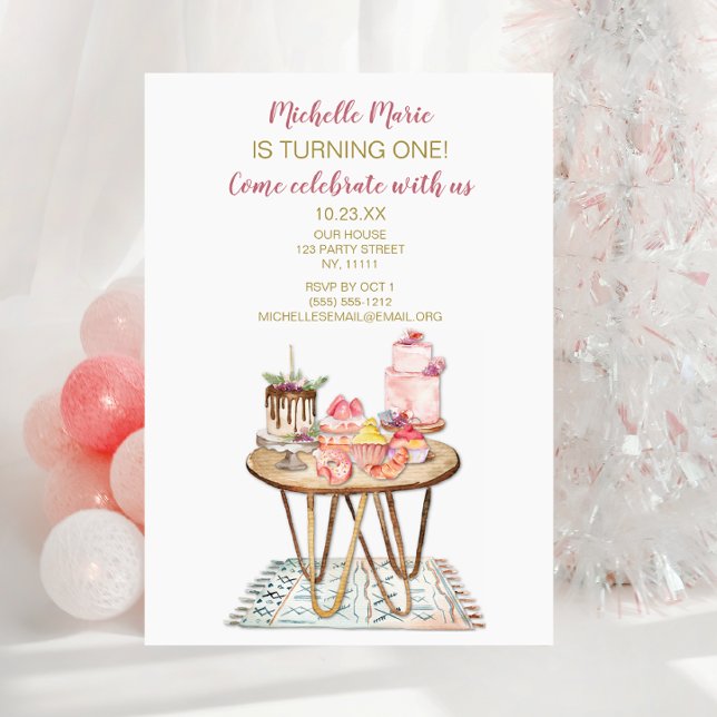 Invitation Pâtisseries de boulangerie rose et or Premier anni (Créateur téléchargé)
