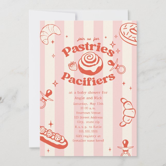 Invitation Pâtisseries & Pacificateurs Baby shower fille rose (Devant)
