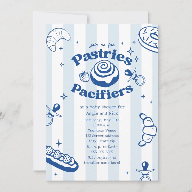 Invitation Pâtisseries & Pacificateurs Baby shower garçon ble (Devant)