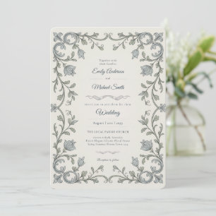 Invitation Patrimoine   Mariage Edwardien à motif floral bleu