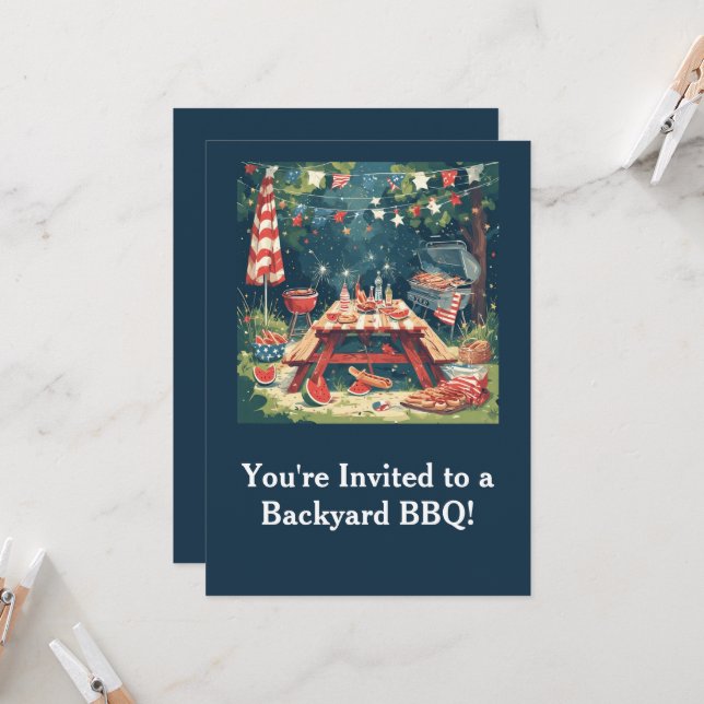 Invitation Patriotic Backyard BBQ Scene – 4th of July Cookout (Devant/Arrière en situation)