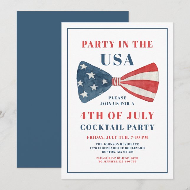 Invitation Patriotic Bow 4 juillet Cocktail Party (Devant / Derrière)