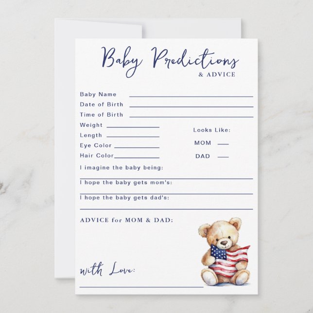 Invitation Patriotic Teddy Bear Red Blue Baby Predictions (Devant)