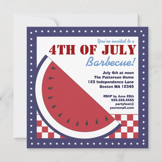 Invitation Patriotic Watermelon 4 juillet Barbecue (Devant)