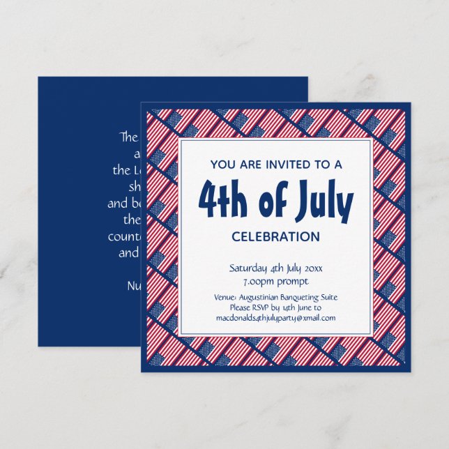 Invitation Patriotique 4 JUILLET American Flag Blue Party (Devant / Derrière)