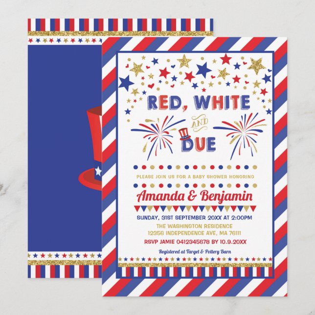 Invitation Patriotique 4 Juillet Baby shower rouge blanc et d (Devant / Derrière)