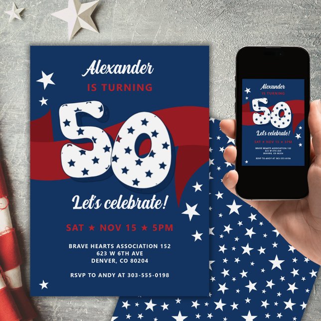 Invitation Patriotique 50e anniversaire fête Rouge Blanc Bleu (Créateur téléchargé)