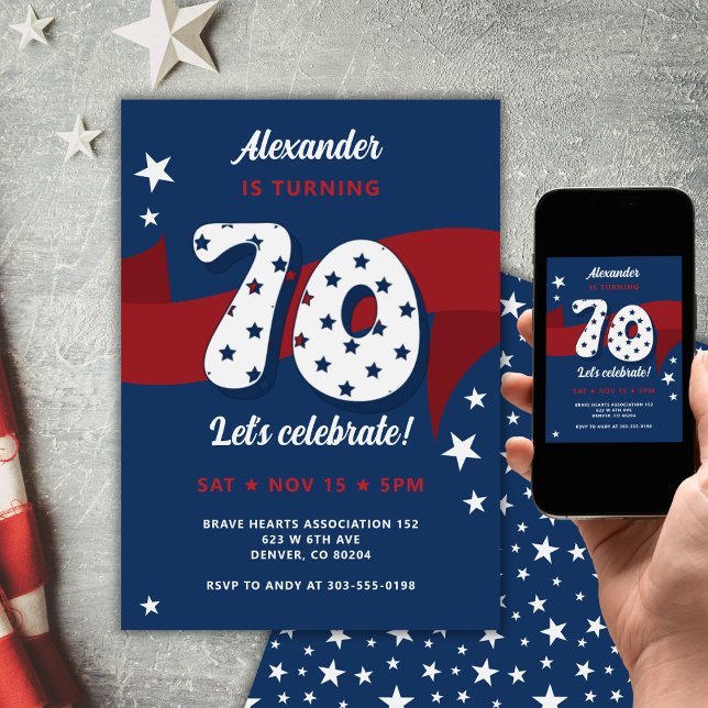 Invitation Patriotique 70e fête d'anniversaire Rouge Blanc Bl (Créateur téléchargé)
