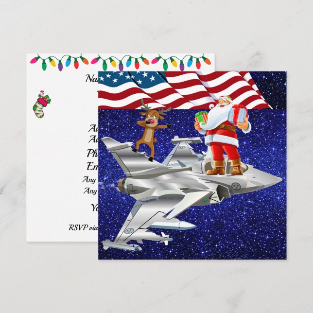 Invitation Patriotique / Avion de combat Noël (Devant / Derrière)