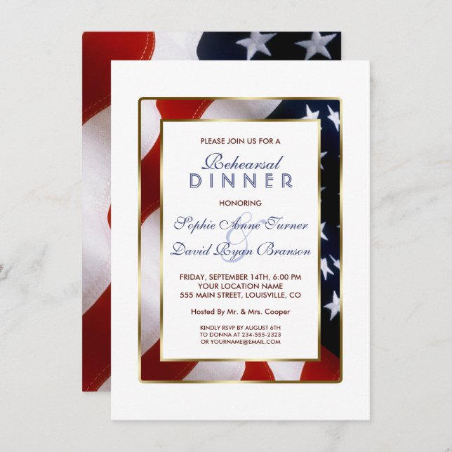Invitation Patriotique, Élégant Drapeau États-Unis Dîner de r (Devant / Derrière)