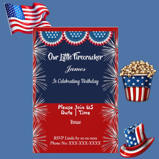Invitation Patriotique Indépendance Firecracker Anniversaire  (Patriotic Independence Firecracker Birthday Boy Invitation)